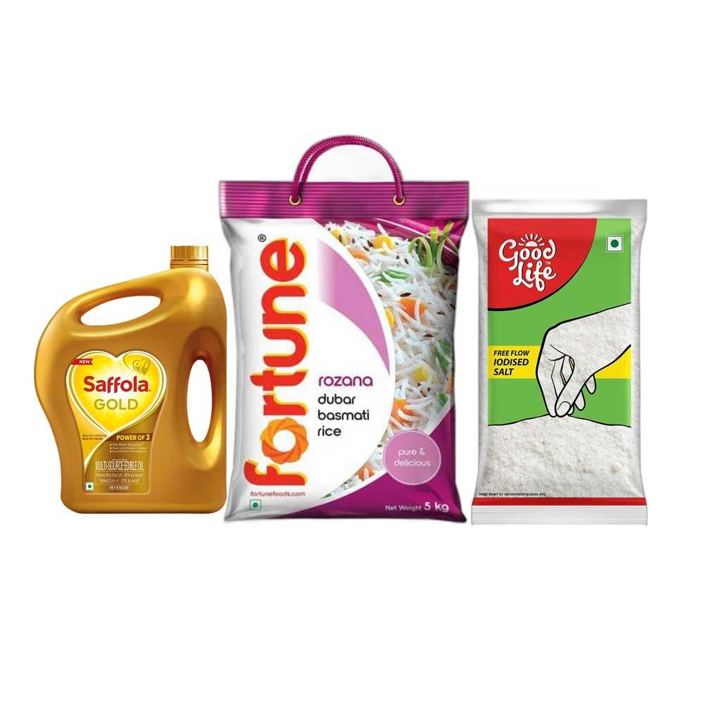 Saffola Gold Refined Oil|Blend of Rice Bran oil & Corn oil|Cooking oil|Pro Healthy Lifestyle Edible Oil 3 Litre jar |  Fortune Rozana Dubar Basmati Rice, Suitable For Daily Cooking, 5 kg   GOOD LIFE Salt Iron Health 1 KG                                                       